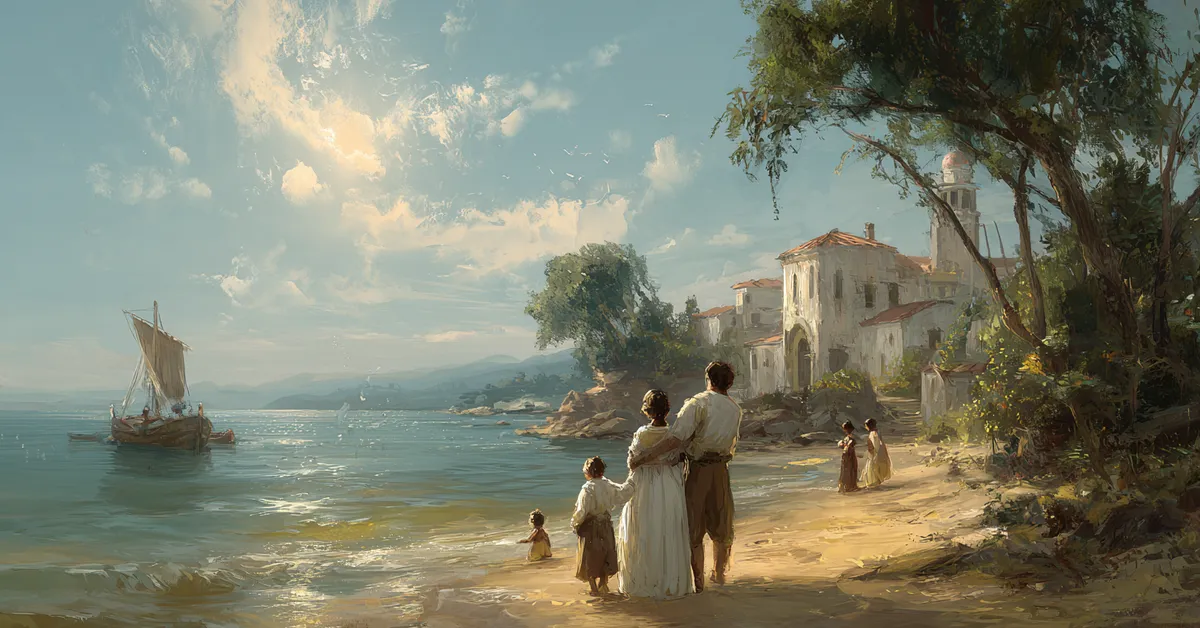 A peaceful sunlit shore where a family embraces after long separation representing the reunion in Pericles Prince Of Tyre Act 5