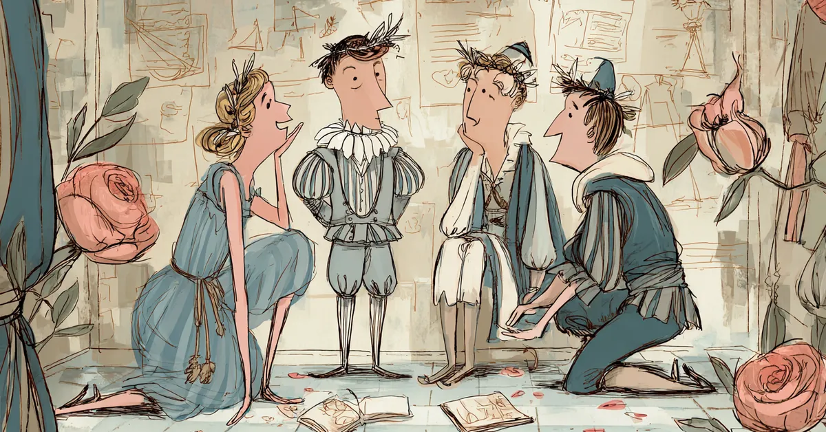 Lucentio and Tranio discussing Bianca�s charms among students in Padua in Act 1 Scene 1