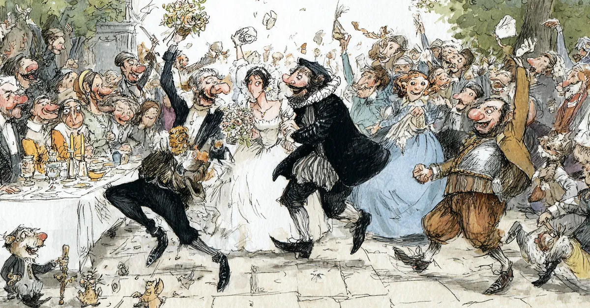 A chaotic wedding scene with Katherina fuming and Petruchio in mismatched clothes in Act 3 of The Taming Of The Shrew