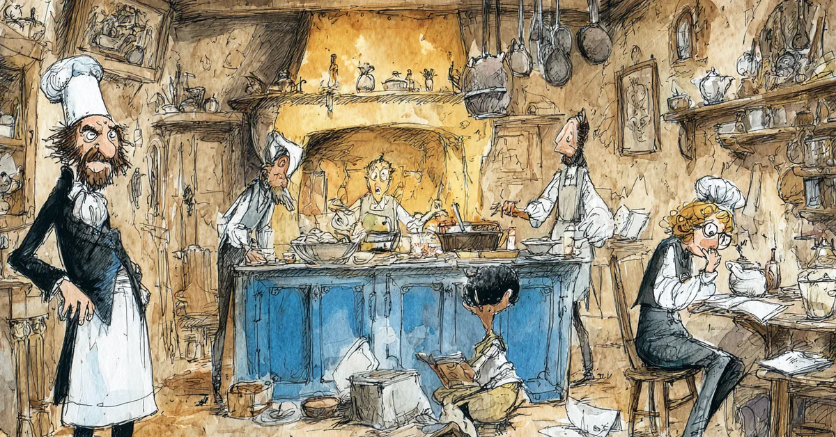 Rustic kitchen at Petruchio�s country house with servants bustling and Katherina frustrated in Act 4 of The Taming Of The Shrew