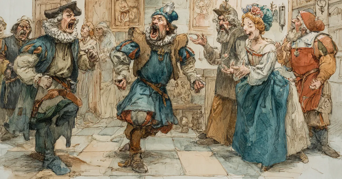 Petruchio shouting orders at servants while Katherina protests hunger in Act 4 Scene 1