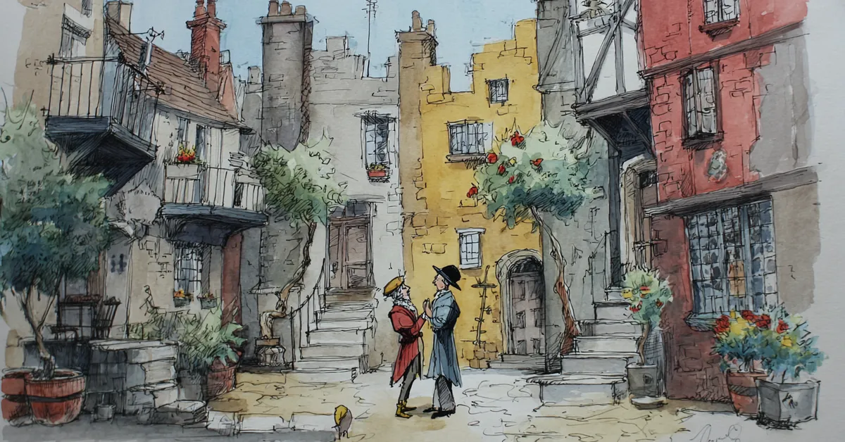 Tranio manipulating a false tutor in a city courtyard in Act 4 Scene 2