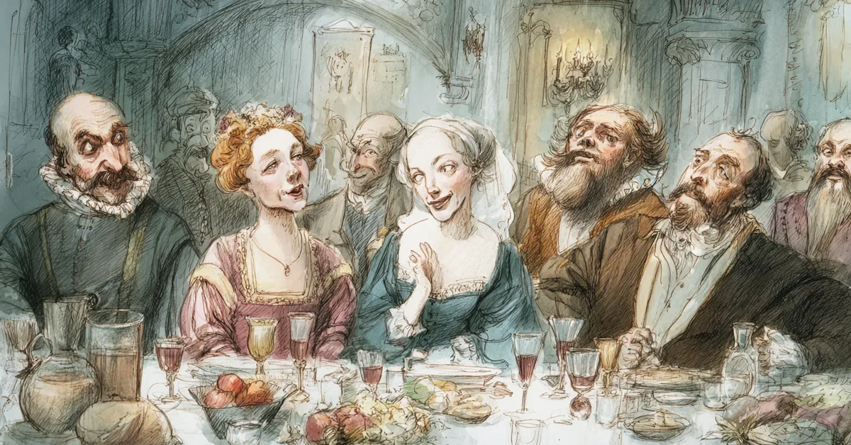Grand banquet scene where Katherina speaks calmly while others watch in surprise in Act 5 of The Taming Of The Shrew
