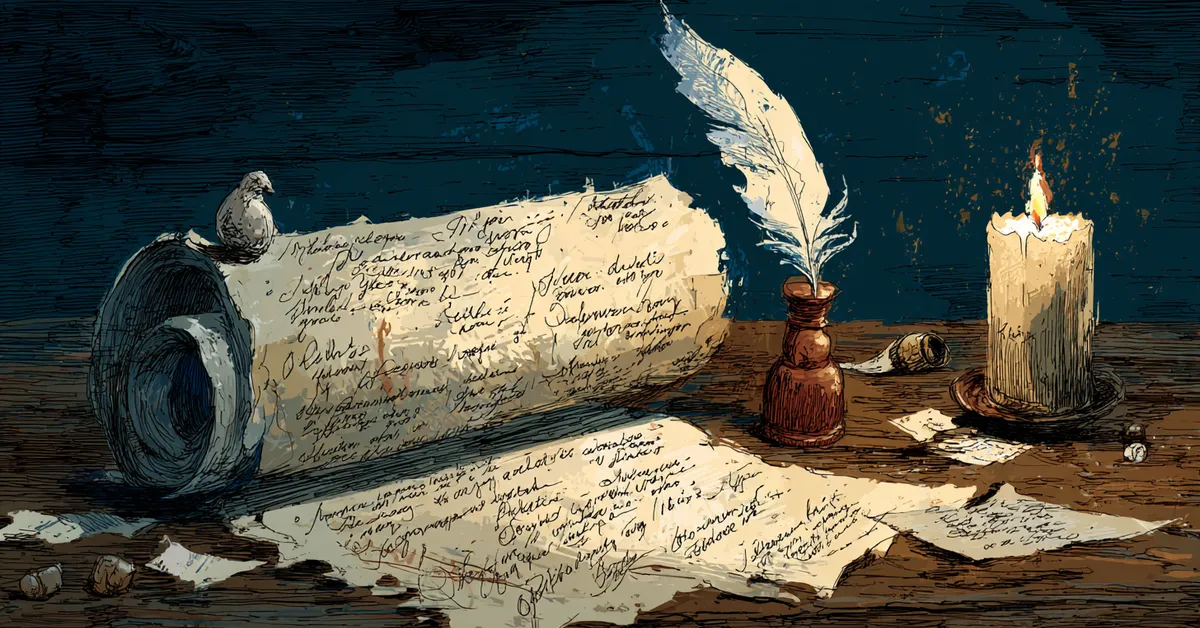 Scroll of handwritten quotes from The Taming Of The Shrew beside a candle and feather quill