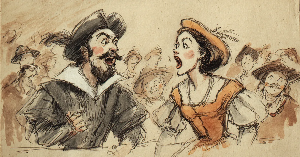 Illustration of Petruchio and Katherina arguing animatedly before a crowd in Padua from The Taming Of The Shrew