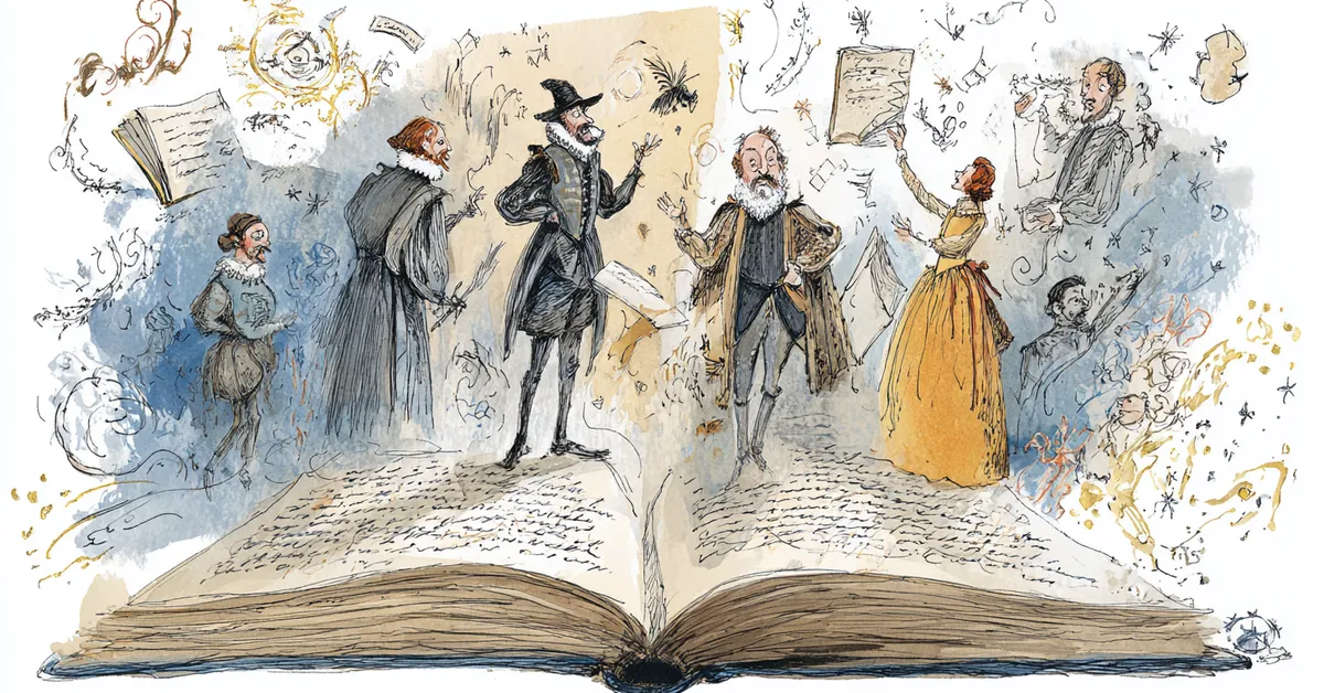 Open book with motifs of power, language, and role reversal illustrating literary devices from The Taming Of The Shrew