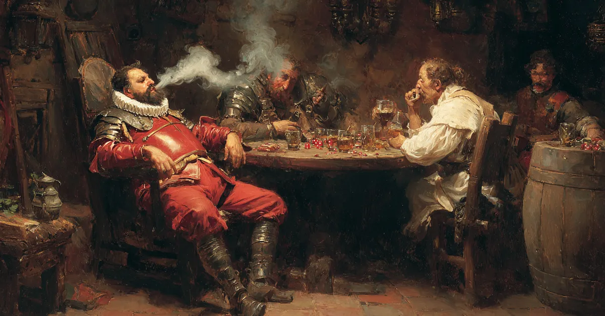 A smoky tavern corner where revelers drink and play dice while an overweight knight leans back in his chair capturing the boisterous mood of Henry IV Part 2 Act 2 Scene 4