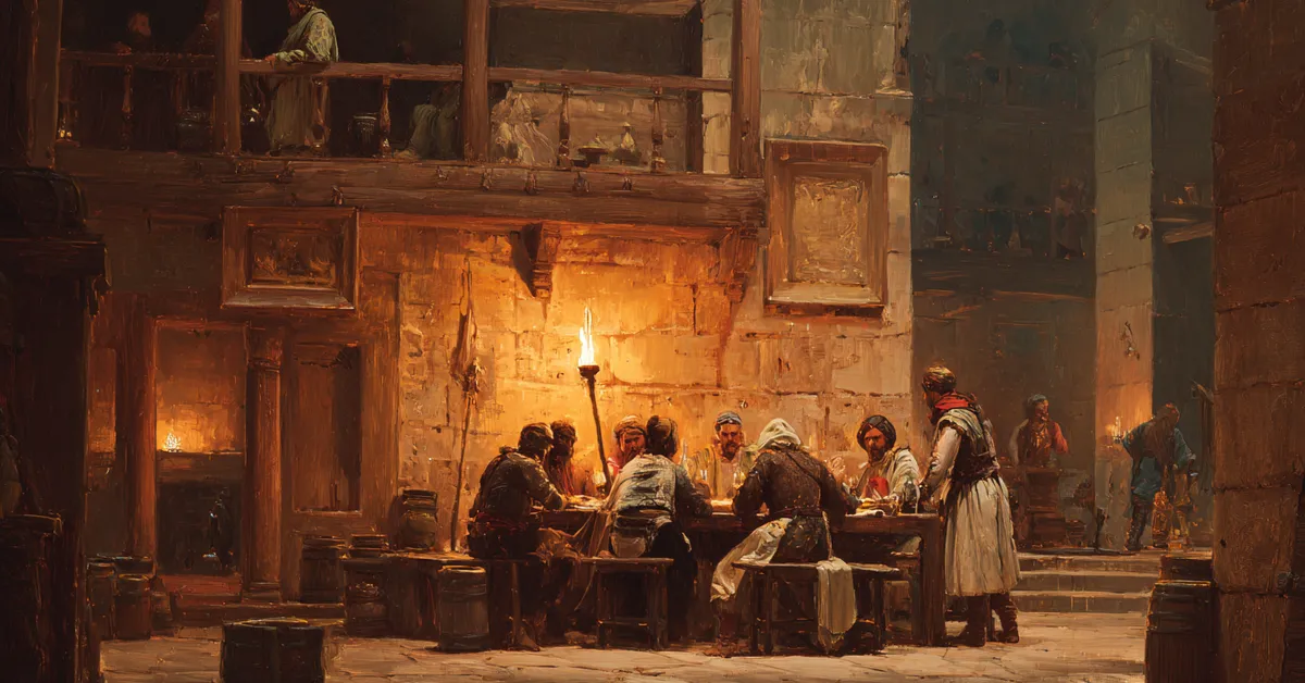 A tavern corner where soldiers drink and feast under torchlight representing Othello Act 2 Scene 3