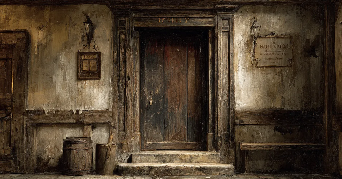 A tavern entrance with its heavy wooden door firmly closed and a small sign swinging above the doorway suggesting rejection in Henry IV Part 2 Act 5 Scene 3