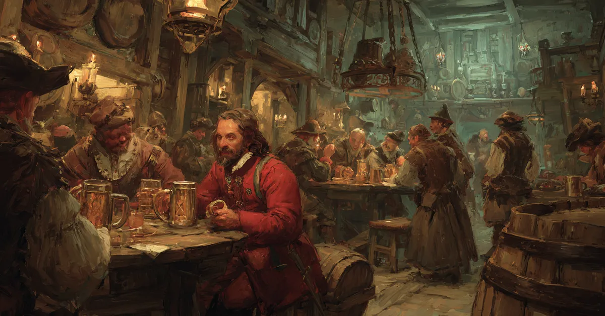 A lively tavern room with tankards scattered on wooden tables nodding to the humor and mischief in Henry IV Part 1 Act 1 Scene 2