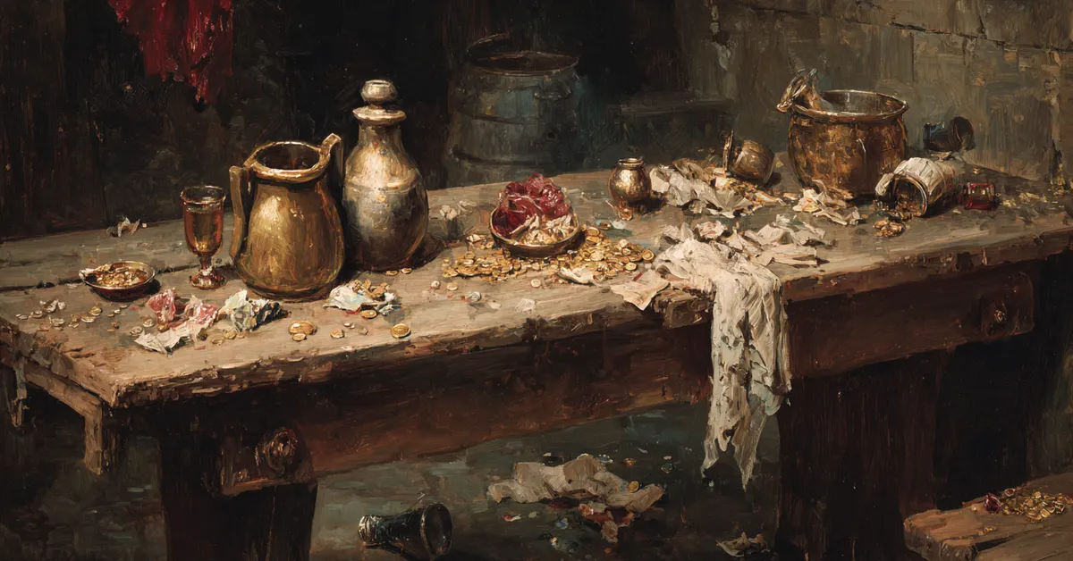 A rough tavern table scattered with coins jugs and scraps of food where rowdy patrons gather hinting at the comic world of Henry IV Part 2 Act 2