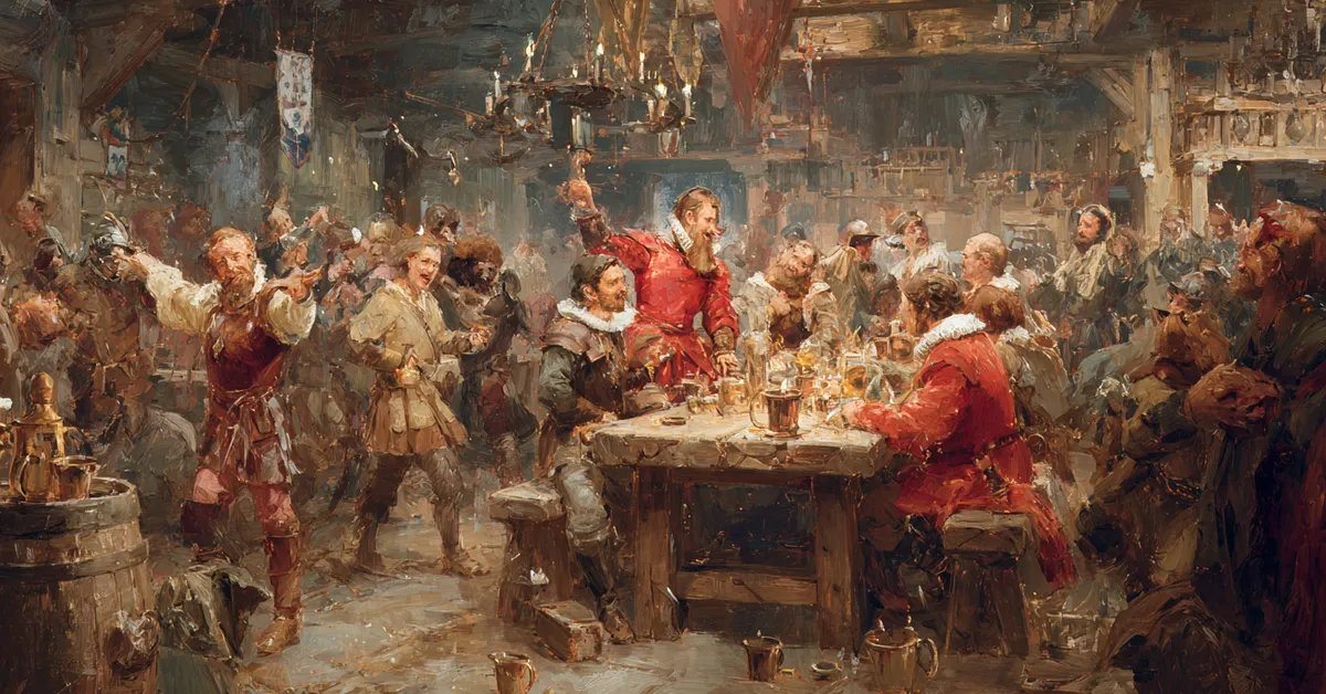 A lively tavern with revelers around worn wooden tables and mugs scattered capturing the atmosphere in Henry V Act 2 Scene 1
