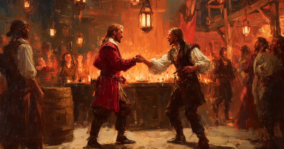 A tavern yard where two feuding men gesture angrily under lantern light marking Troilus and Cressida Act 2 Scene 1