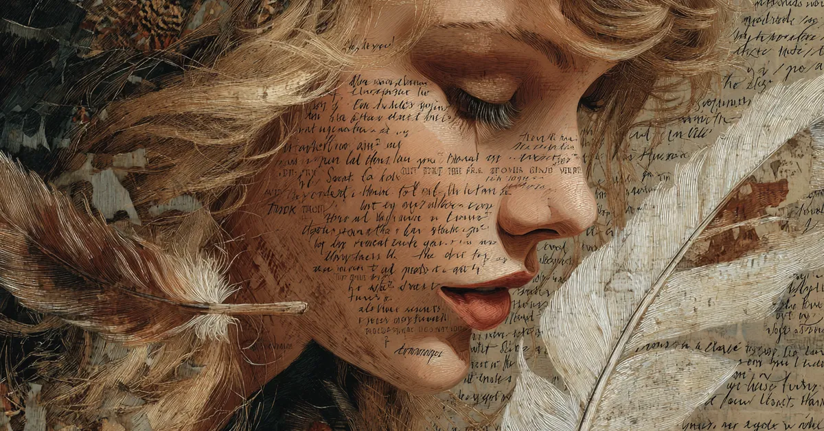 a soft pastel portrait mixing taylor swift lyric vibes with an old quill and parchment hinting at shared storytelling tones