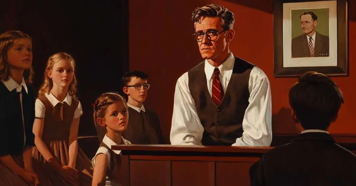 A teacher addressing a group of attentive students in a warmly lit classroom