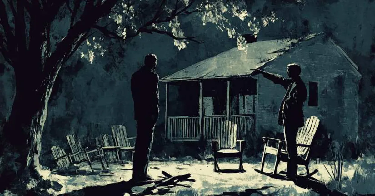 Two men face each other under a dark sky outside a house, one pointing, capturing confrontation in All My Sons Act 3.