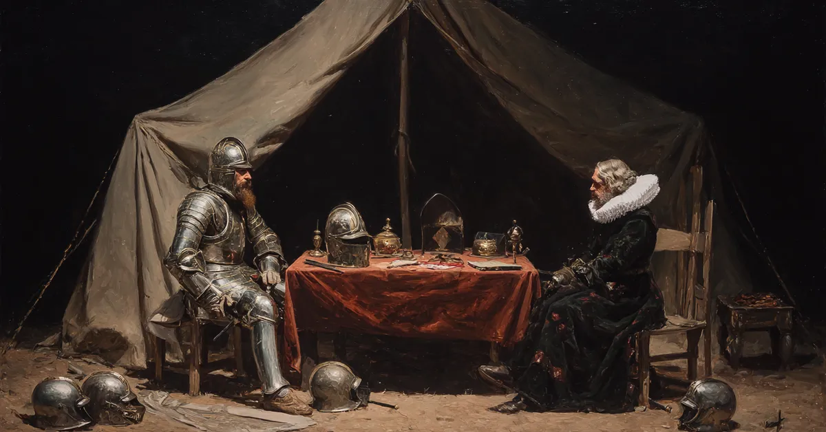 A canvas tent where two commanders meet across a low table with helmets and swords laid aside highlighting negotiations in Henry IV Part 2 Act 4 Scene 3