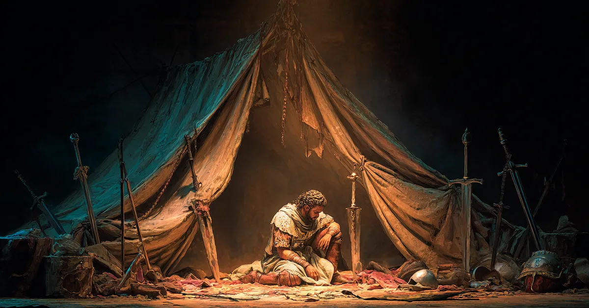 A dim tent where a commander sits in grief surrounded by weapons showing Troilus and Cressida Act 5 Scene 11