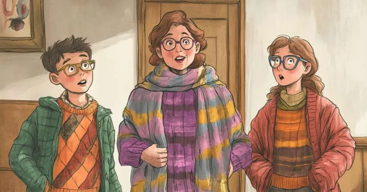 Three characters in colorful sweaters stand in a hallway showing the introduction scene from A Wrinkle In Time Chapter 2.