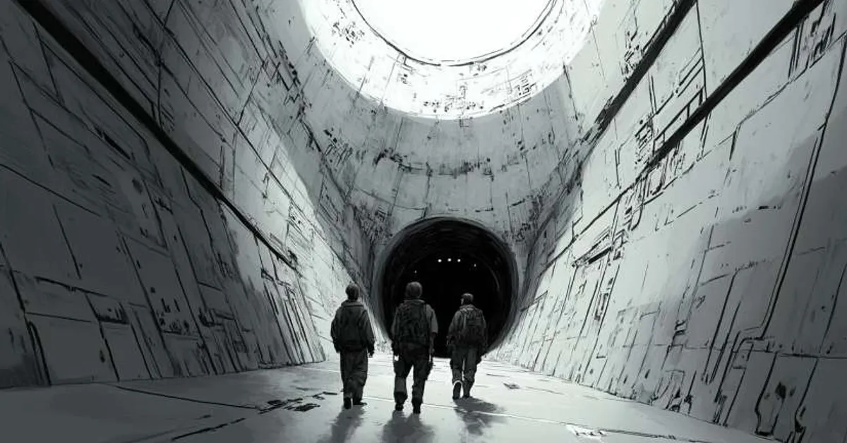 Three figures walk through a massive futuristic tunnel conveying the eerie setting of A Wrinkle In Time Chapter 7.
