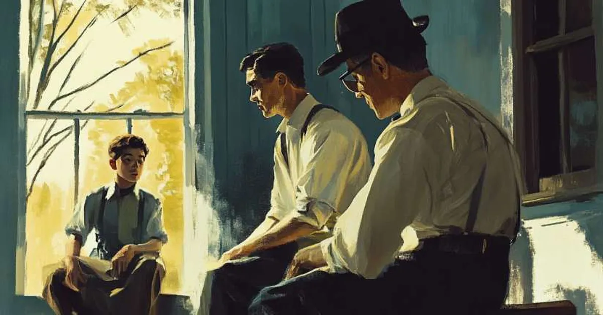 Two men speak with a boy in a sunlit room creating a thoughtful and quiet moment