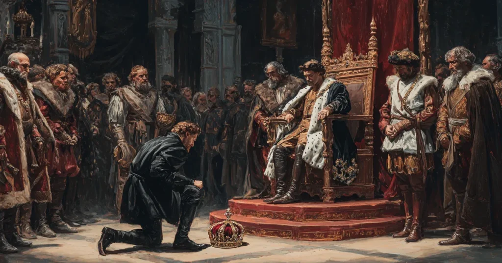 A throne room where a crown is offered to a man in black as anxious nobles watch anchoring Richard III Act 3 Scene 7