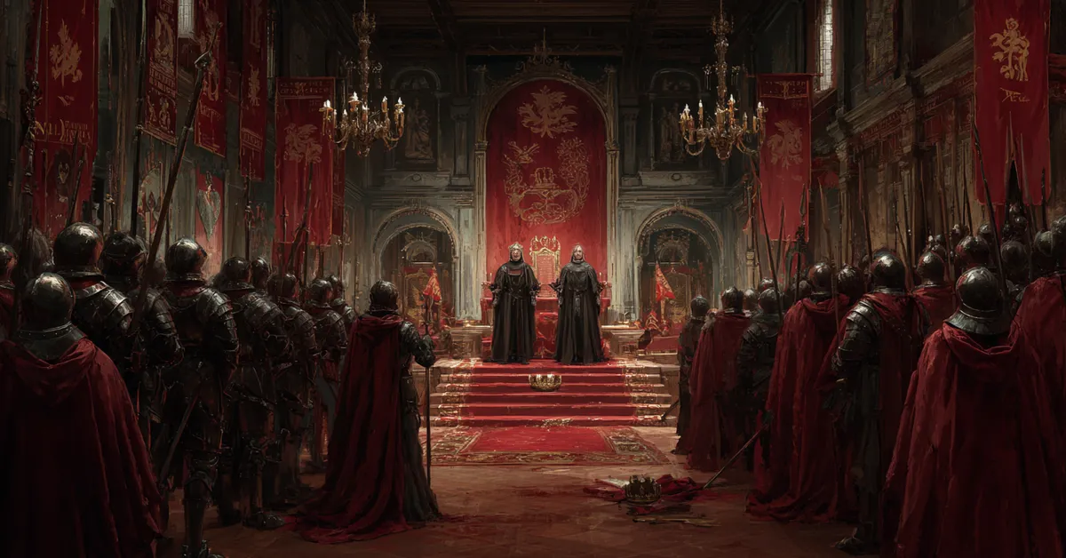 A throne room where two rival claimants stand before armed supporters on each side illustrating the contested crown in Henry VI Part 3 Act 1