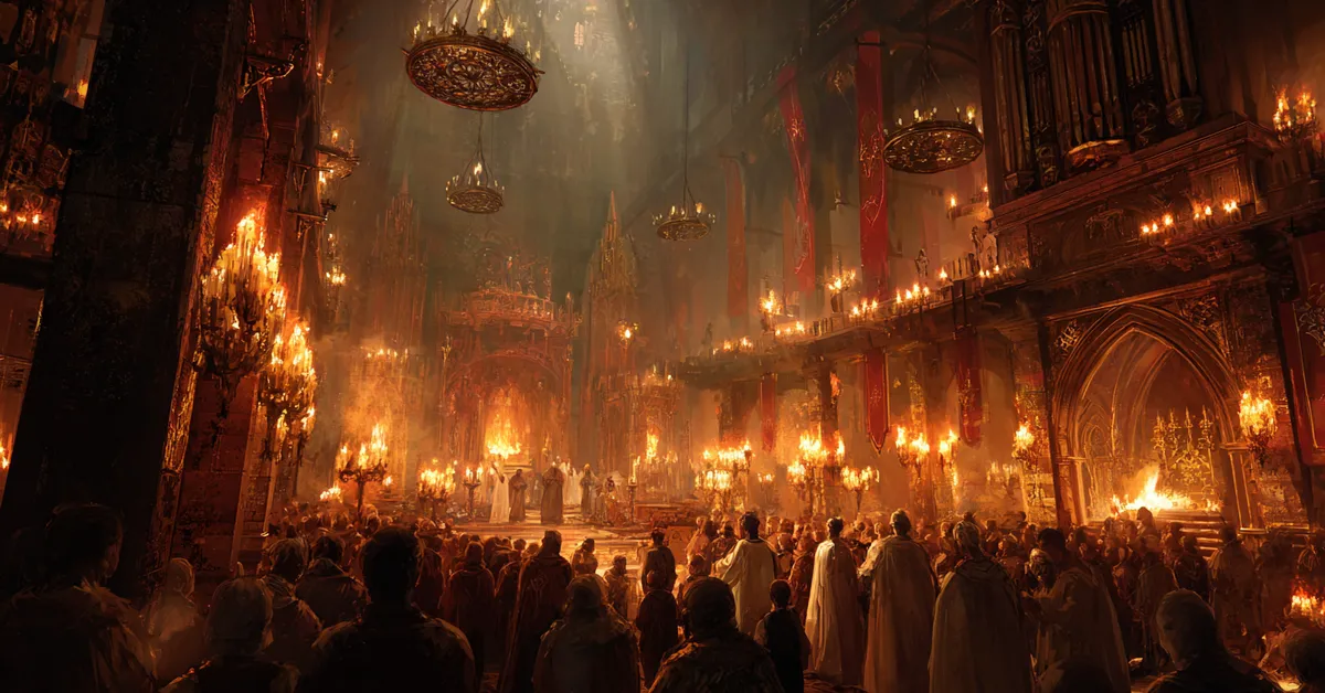 A torchlit hall where figures gather for a final reckoning marking the climax in Richard II Act 5 Scene 5