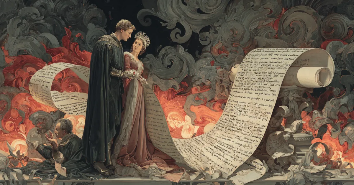 A torchlit scroll displaying the opening lines of the tragedy marking the Romeo and Juliet Prologue