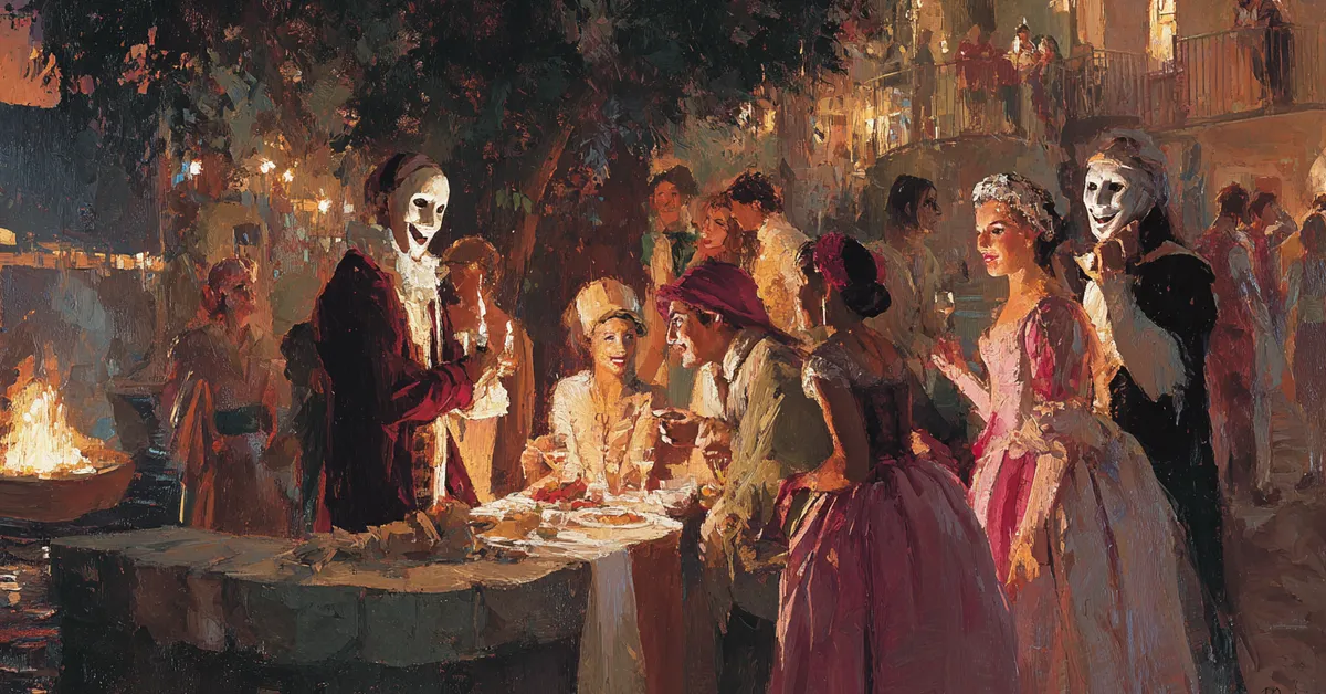 A torchlit street with masked revelers preparing for a feast marking Romeo and Juliet Act 1 Scene 4