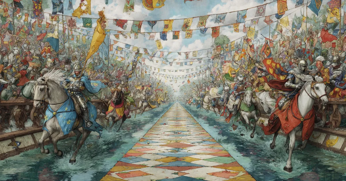 A tournament field with armored riders charging toward a central lane under colorful pennants reflecting The Two Noble Kinsmen Act 4