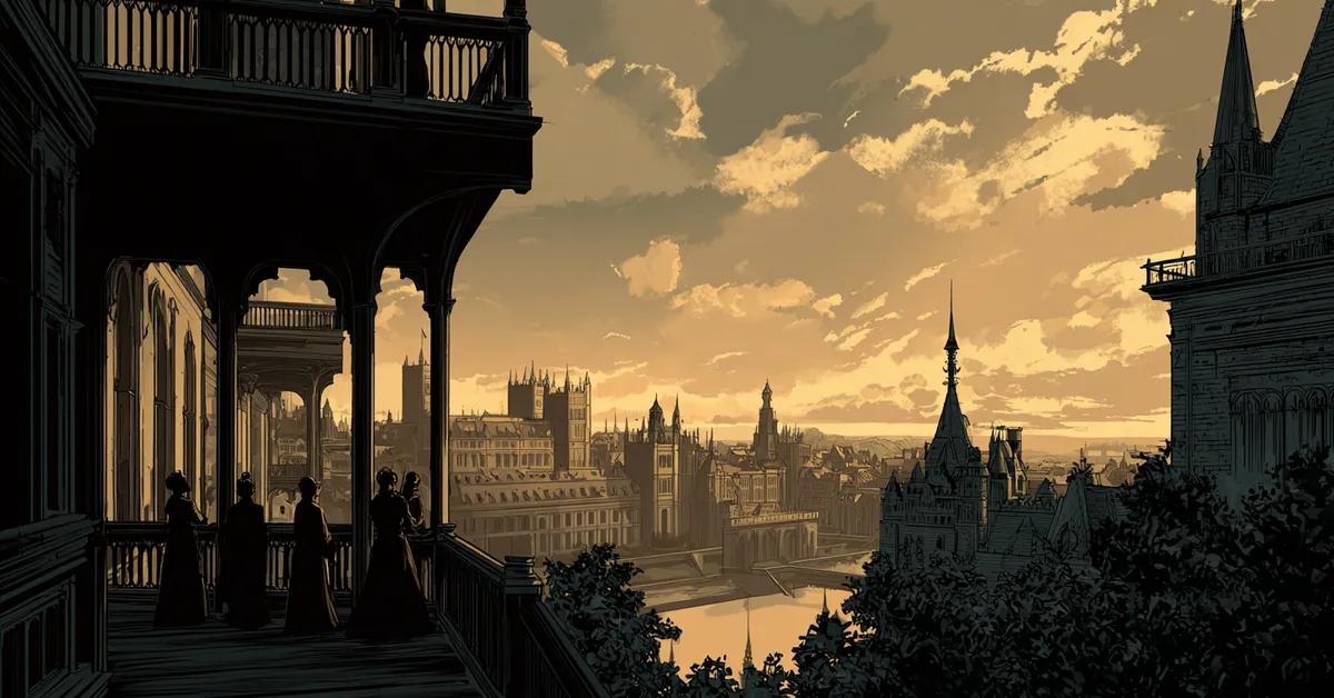 A high tower balcony where grieving women look out over the city linking directly to Richard III Act 4 Scene 1