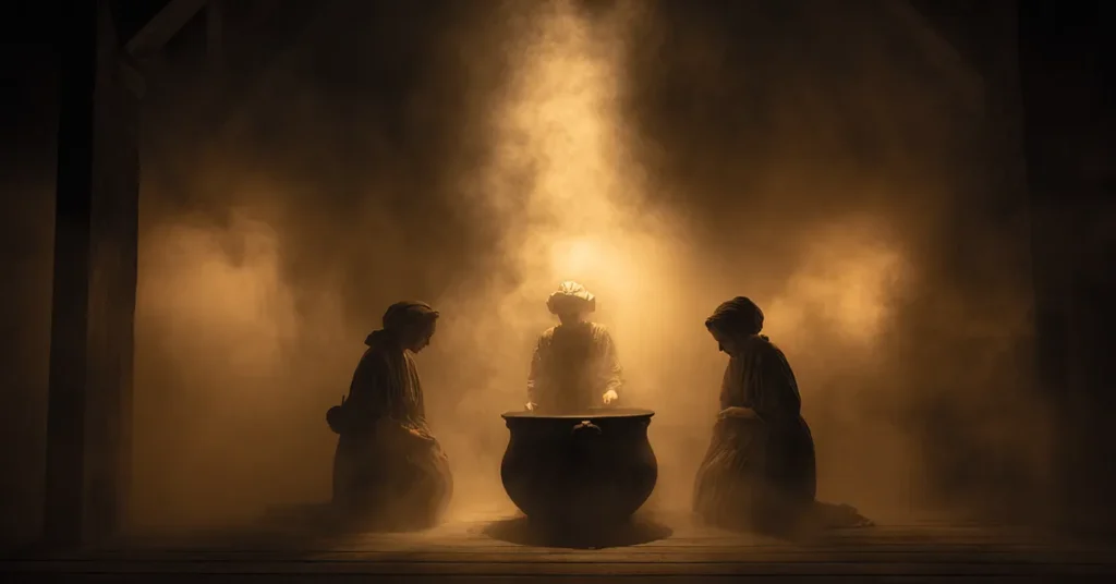 A tower room where three witches stir a cauldron under torchlight referencing Macbeth Act 3 Scene 5