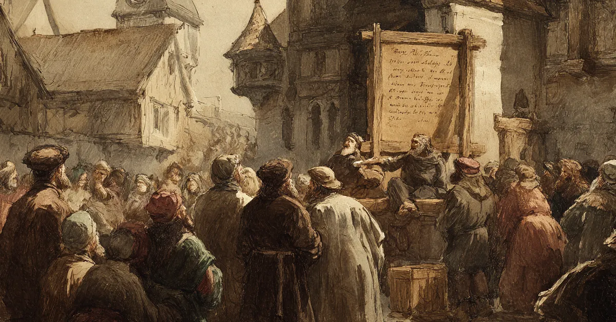 A town square where people gather around a wooden proclamation board while a herald reads aloud introducing the public setting of Henry IV Part 2 Act 5 Scene 1