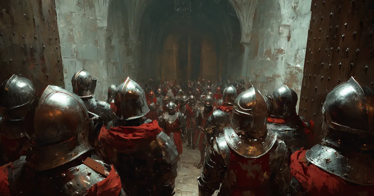 Traitors confronted in a stone corridor as armored guards block their path anchoring the betrayal in Henry V Act 2 Scene 2