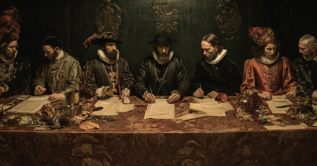 A long table set for negotiation where opposing envoys sit with sealed documents and broken wax seals capturing the treaty talks in King John Act 3 Scene 1