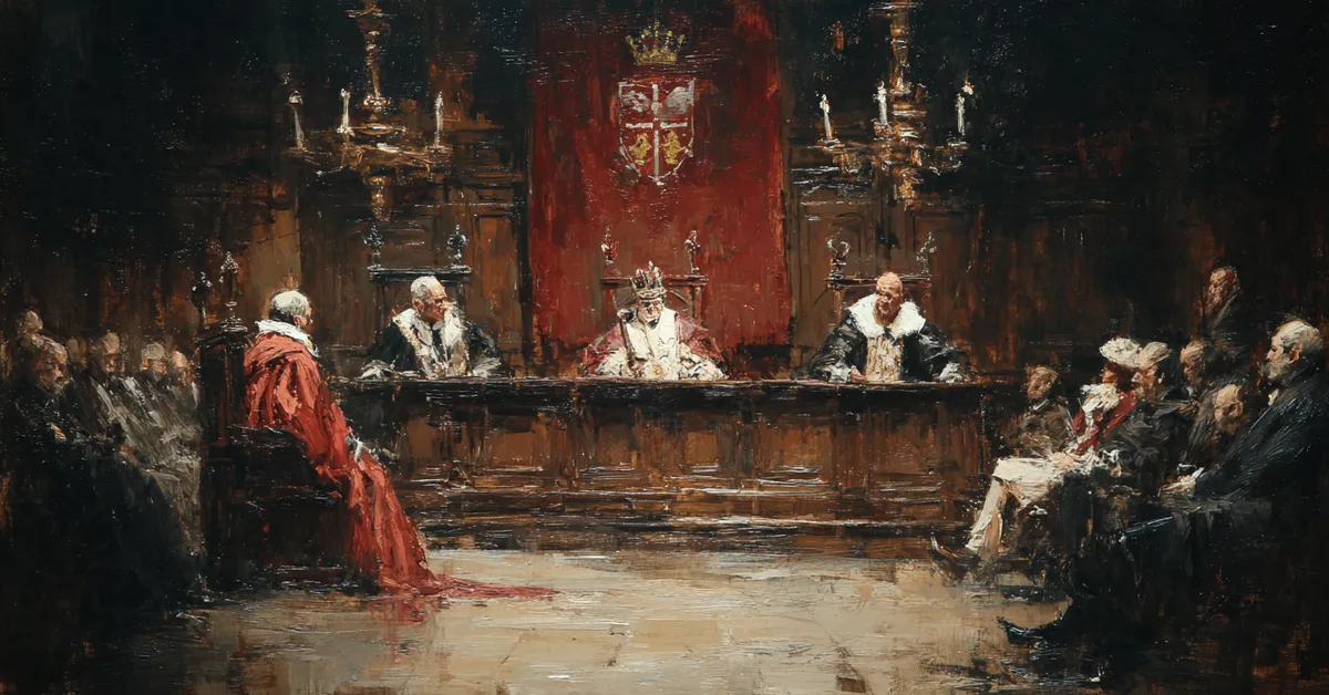 A royal tribunal hall with judges seated beneath a crest and courtiers watching intently anchoring the heated trial in King Henry VIII Act 4