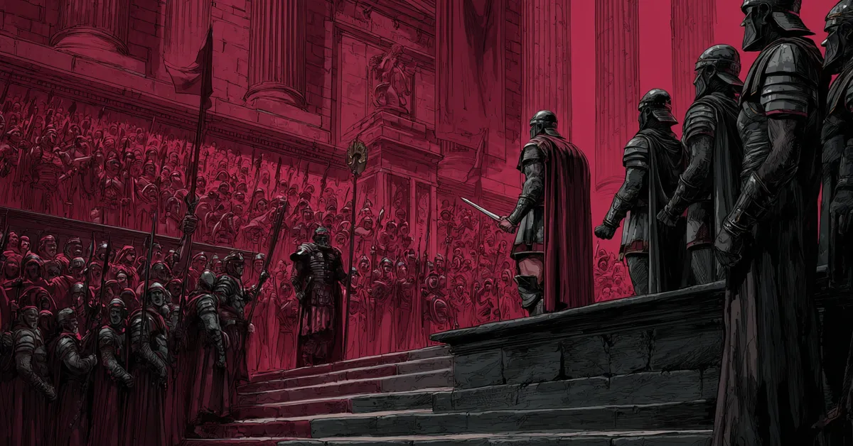 Tribunes addressing a crowd from stone steps tying to the political tension in Act 2 Scene 1