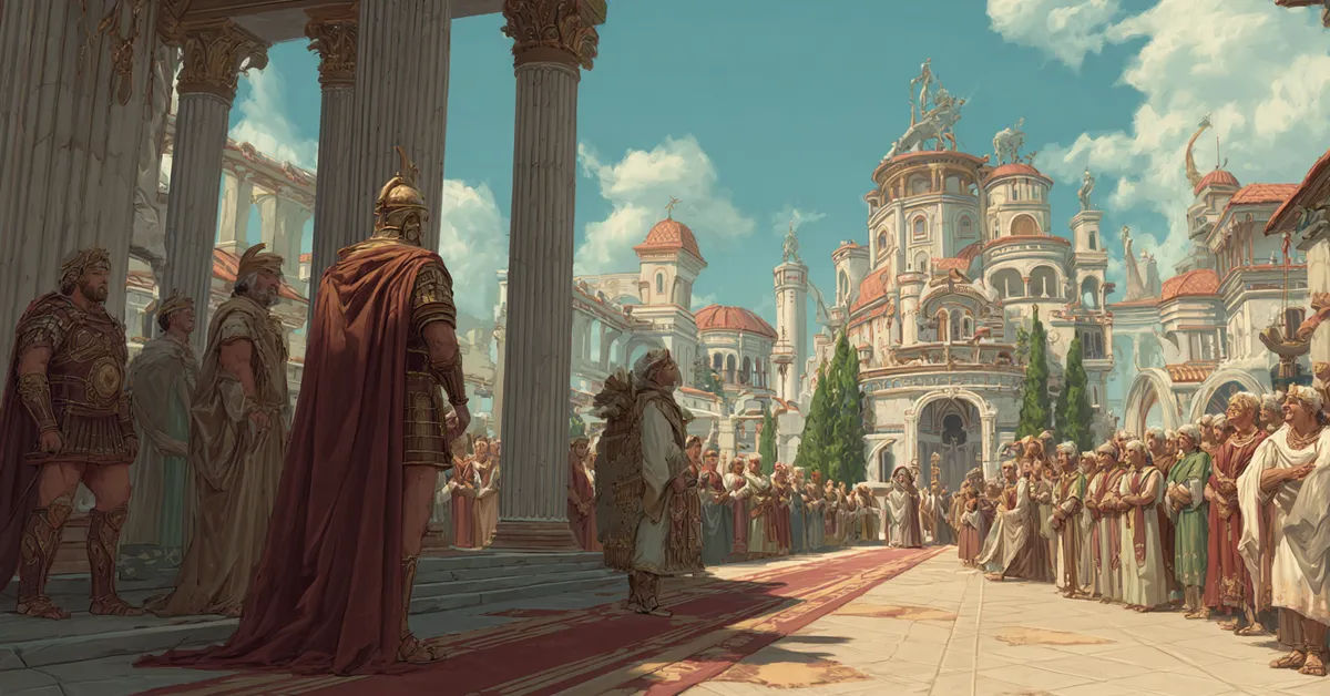 A Trojan court where a young warrior stands at the center as elders watch tying to Troilus and Cressida Act 1 Scene 1
