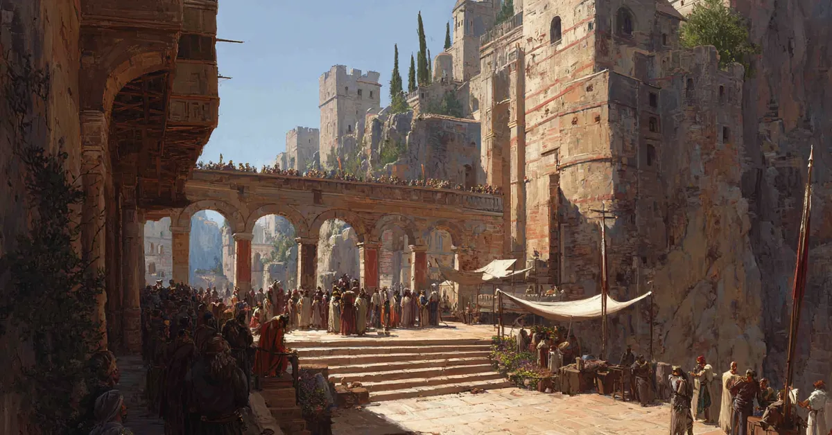 A raised platform in a castle yard where trumpets sound marking Othello Act 2 Scene 2