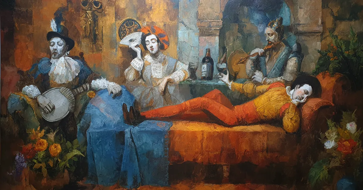 Orsino reclining with musicians in his court while musing on love in Act 1 Scene 1 of Twelfth Night