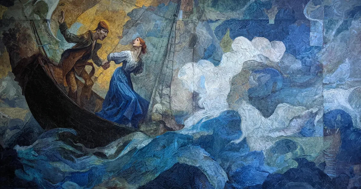 Viola and the ship�s captain emerging from wreckage on the Illyrian shore in Act 1 Scene 2