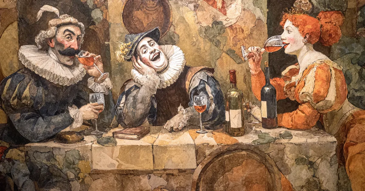 Sir Toby and Sir Andrew laughing over wine as Maria scolds them in Act 1 Scene 3