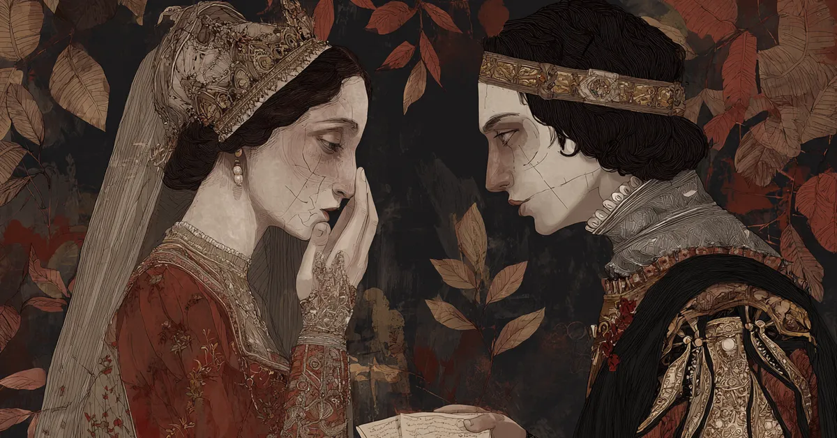 Olivia lowering her veil as Cesario delivers Orsino�s message in Act 1 Scene 5