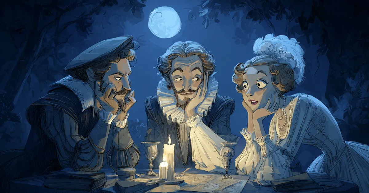 Maria, Toby, and Feste plotting their prank under candlelight in Act 2 of Twelfth Night