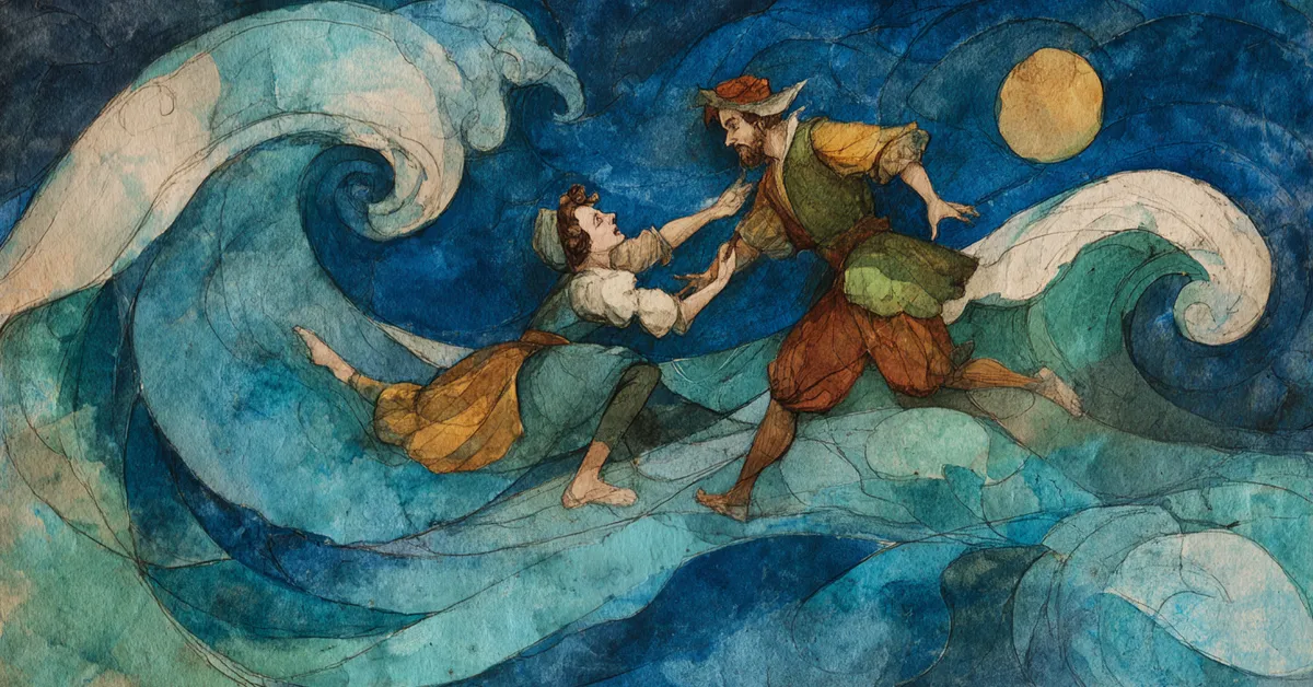 Antonio rescuing Sebastian from the sea and guiding him to safety in Act 2 Scene 1