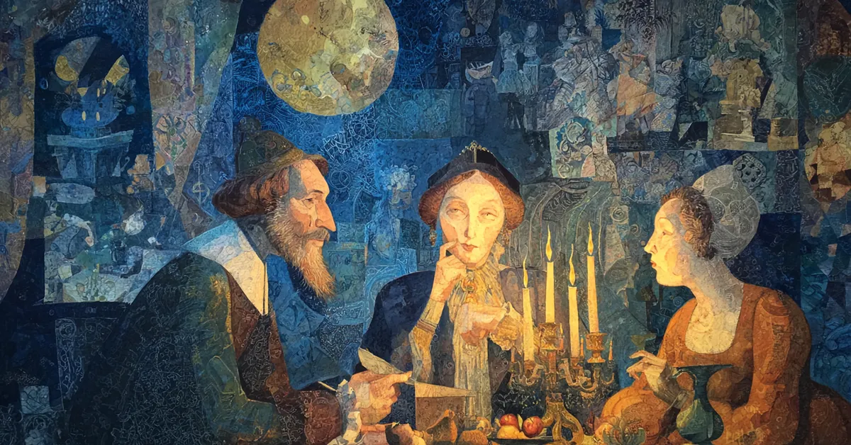 Sir Toby, Maria, and Feste plotting their midnight prank in a candlelit room in Act 2 Scene 3