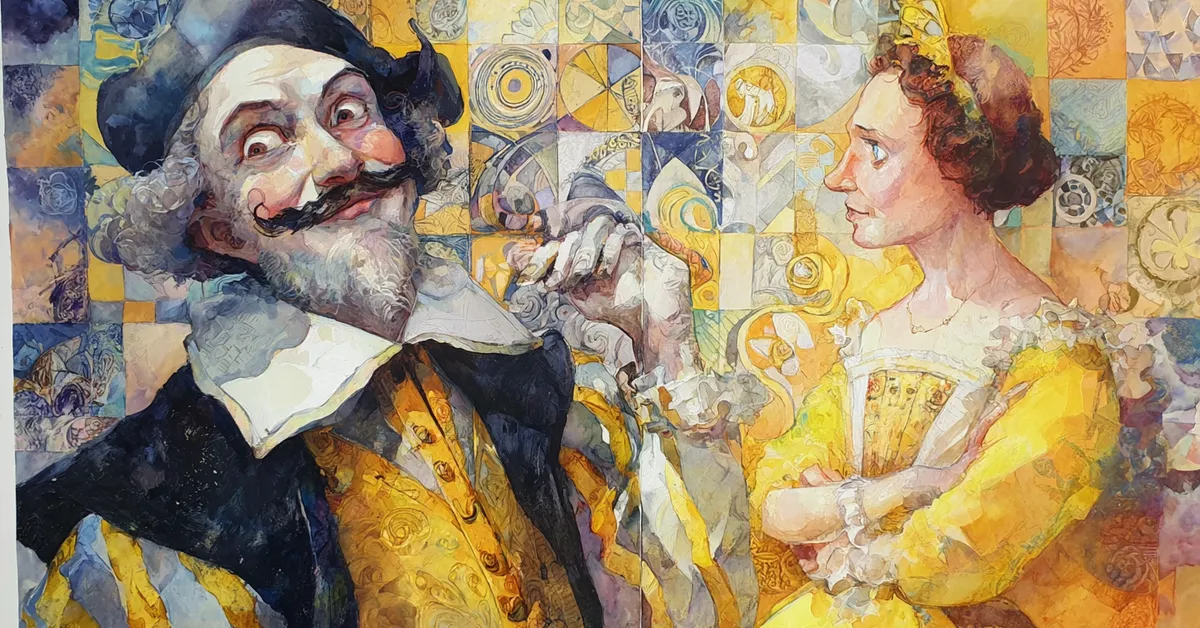 Malvolio smiling foolishly in yellow stockings before Olivia�s puzzled look in Act 2 Scene 5