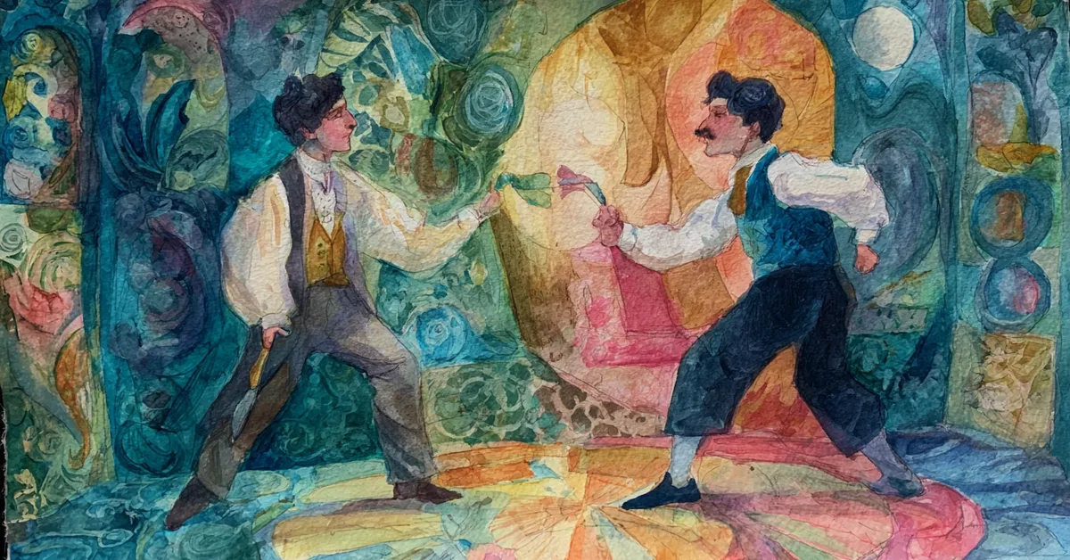 Cesario and Sir Andrew facing off awkwardly as Toby eggs them on in Act 3 of Twelfth Night