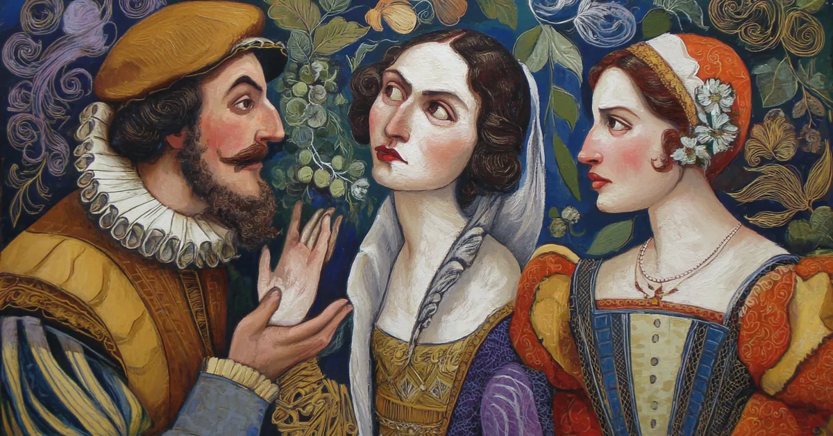 Olivia confessing affection to Cesario as Viola looks conflicted in Act 3 Scene 1